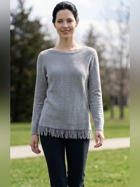 InCashmere Gray Fringe-Hem Boatneck Crewneck Cashmere Sweater
